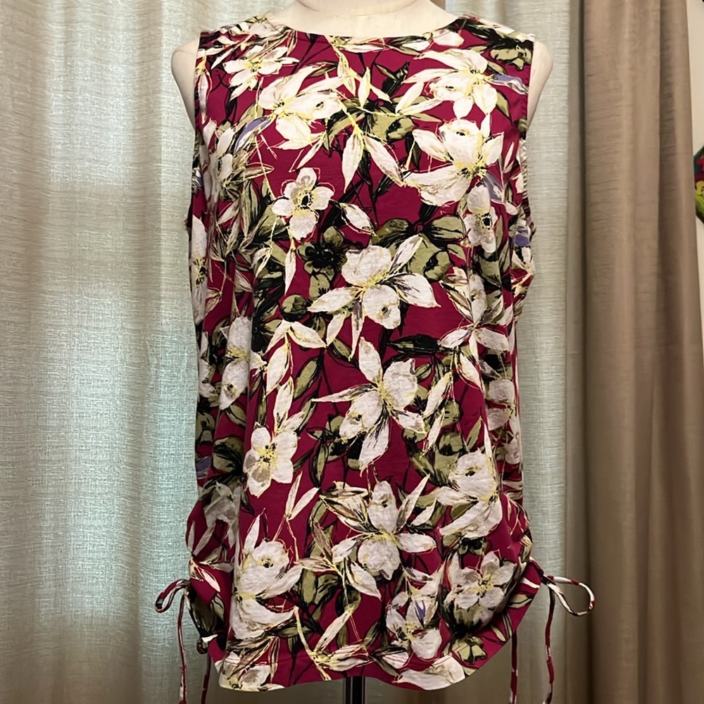 J. Jill White Floral on Burgundy Sleeveless Side Tie Tank Top Womens Medium
